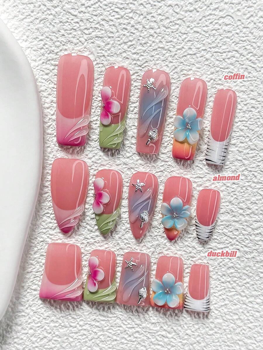 10Pcs Gentle, Girly Style Handmade Nail Art Set,Polygel Nail Set,Starfish, Sea Snails Nail Art Accessories,Hand Sculpted Five Petal Flower And Stripes Nail Art Decorations,Green, Blue And Pink Purple Nail Polish,Vibrant Summer Style,Comes With Nail Tools(1 Sheets Jelly Stickers+1PC Nail File)3 Sizes Available,Almond Nails, Duck Nails,Coffin Nails,Suitable For Reunion,Daily,Party,Photograph,Play,Spring Summer,Commute Supplies Nails - 彩色 - 查看 1