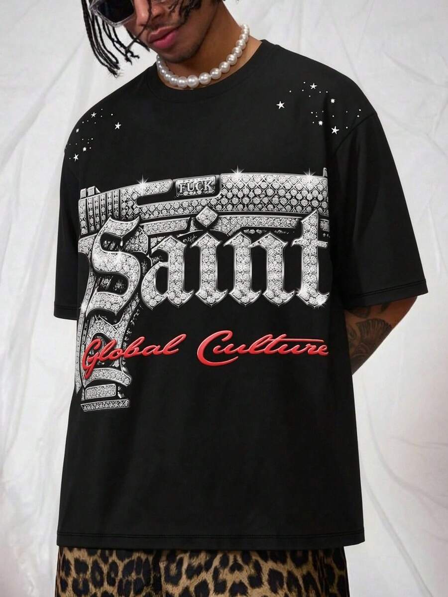 Áo thun nam tay ngắn phong cách hip hop retro in chữ Saint đính đá lấp lánh - Nhiều màu - Xem 1