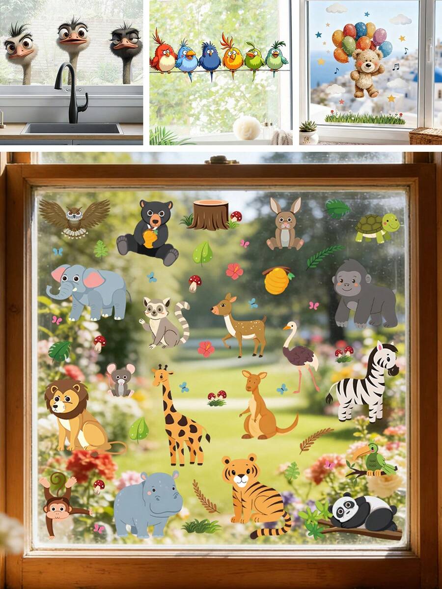 BRUP 1/3 Sheets Kids Window Clings Removable Jungle Animals Cartoon Decor – Cute Forest Animal Window Decals For Nursery, Bedroom, DIY Room Makeover,Fun Animal Friends - Multicolor - View 1