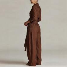 2026 Spring New Women's Fashion Elegant Solid Color Collar Top And Casual High-Waist Long Pants Two-Piece Set - màu nâu cà phê - Xem 4