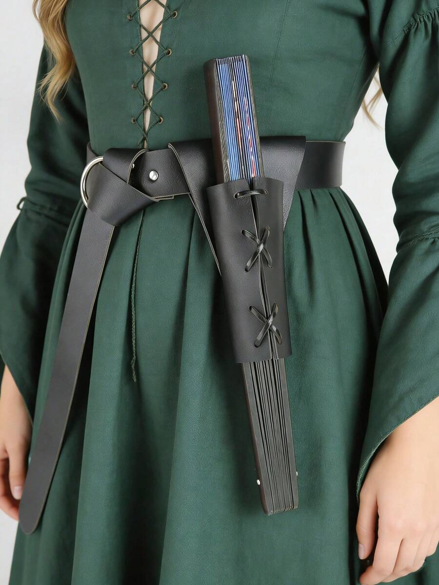 1 Bao đựng quạt giả da thời Trung cổ - Giá đỡ quạt có thể điều chỉnh với thiết kế buộc chéo, Túi đựng quạt phong cách Gothic phù thủy dành cho LARP, Cosplay & Lễ hội thời Phục Hưng - A - Xem 1