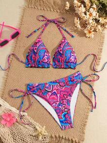 Bộ bikini kiểu dáng giản dị, hở lưng, họa tiết paisley dành cho nữ, có dây buộc phía sau và chất liệu vải co giãn cao. - Màu Hồng Tươi - Xem 5