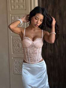 1件纯色蕾丝鱼骨边饰吊带背心，适合度假、海滩、日常穿着，夏季粉色 - 粉色 - 查看 5