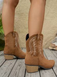 Women's Fashion Versatile New Slip-On Embroidered Wedge Heel Boots - Brown - View 4