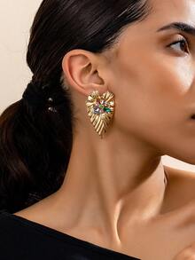 1 par de elegantes y coloridos pendientes de hoja con rhinestones, adecuados para uso diario, citas, vacaciones, mejor regalo para el Día de la Madre - Dorado - Ver 1
