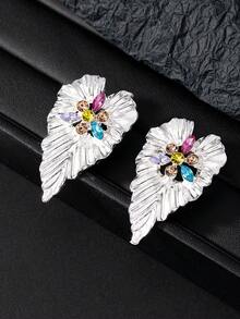 1 par de elegantes y coloridos pendientes de hoja con rhinestones, adecuados para uso diario, citas, vacaciones, mejor regalo para el Día de la Madre - Dorado - Ver 4