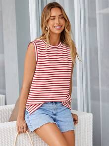 Women's Summer Striped Crewneck Sleeveless Loose Fit Basic Casual Tank Tops - 紅色條紋 - 查看 2