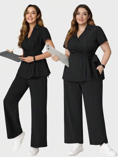 cimmuovere Bộ đồng phục y tá/nha sĩ/nha sĩ/bác sĩ thú y/bệnh viện thú y/phòng thí nghiệm dành cho nữ cỡ lớn, cổ chữ V, tay ngắn, thắt nơ, xếp ly và quần ống rộng cạp chun.