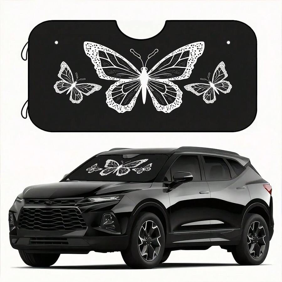 1pc Butterfly On Black Backgroung Print Car Sunshade, High-Definition Printed Sunshade, Foldable Car Windshield Sun Shade, Foldable Reflective Sunshade, UV Protection, Keeps Car Cool In Summer - 30x55吋/76x140厘米 - 查看 1