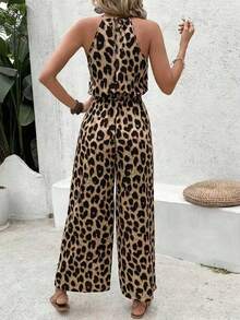 Women's Sleeveless Leopard Print Jumpsuit, Chiffon Fabric, Non-Stretch, Summer Vacation - Leopard - View 2