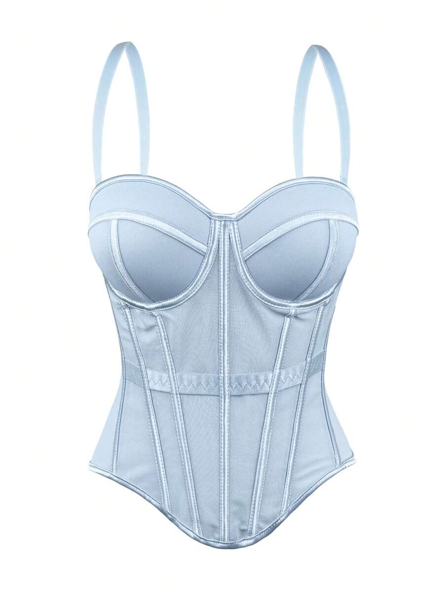Women's Solid Brown Camisole Jacket, Mesh Lining Bra Top, Autumn/Winter Lingerie Casual - Baby Blue - View 1