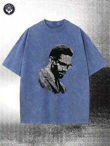 2026 Summer TopsWashed, Malcolm X Black And White Portrait Pattern Printed T-Shirt, Spring And Summer Casual Men's T-Shirt, Round Neck Cotton Shor - 寶藍色 - 查看 1
