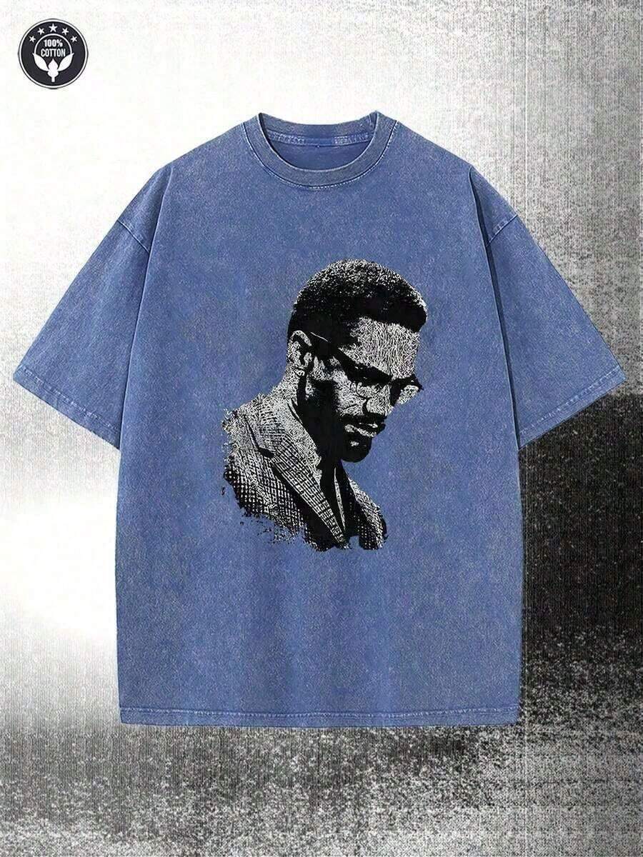 2026 Summer TopsWashed, Malcolm X Black And White Portrait Pattern Printed T-Shirt, Spring And Summer Casual Men's T-Shirt, Round Neck Cotton Shor - 寶藍色 - 查看 1
