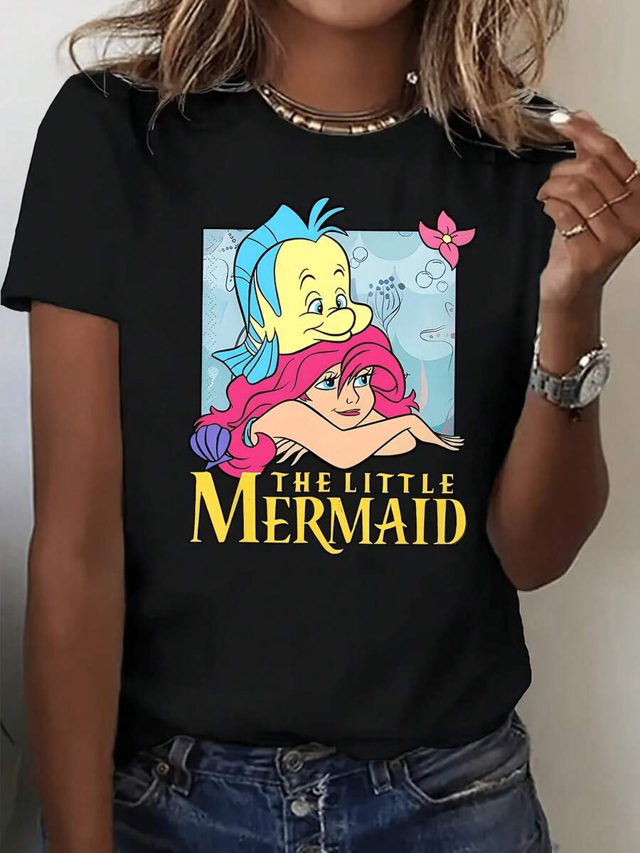 Women's Black Short Sleeve T-Shirt With Sweet Disney The Little Mermaid Print Of Ariel Resting On Flounder In The Ocean, "THE LITTLE MERMAID" Bold Text, Casual Graphic Tee With Relaxing Vibe, Disney Shirts, Summer Outfits For Women, Spring Outfits For Women, Officially Licensed Disney T-Shirts, Disney Men's And Women's Spring/Summer Fashion Casual Short-Sleeve T-Shirts - Black - View 1