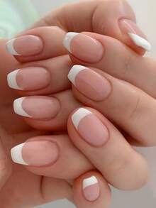 24片法式美甲贴片，Y2K粉色系短款T字形美甲贴片，白色边缘，可重复使用，亚克力材质，美甲用品，附赠24片果冻贴片和迷你指甲锉。 - 粉色 - 查看 7