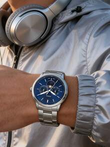 Fossil Đồng hồ đeo tay unisex bằng thép không gỉ, máy quartz, hiển thị chu kỳ mặt trăng, mặt số đen với 3 mặt số phụ, phù hợp để đeo hàng ngày và trong nhiều dịp khác nhau. FS5906 - Màu xanh lam - Xem 4