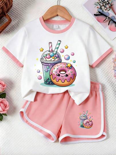 2pcs Girls Outfit, Contrast Color Short Sleeve T-Shirt + Shorts, Milk Tea & Donut Print, Loose & Breathable, Fashionable & Cute, Versatile Summer Set