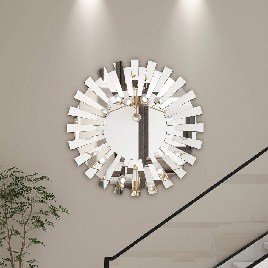 Silver Sunburst Decorative Wall Mirror, Beveled Round Accent Mirror For Living Room Accent, 24"*24" - 銀色 - 查看 1