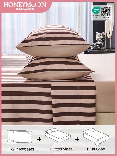 3pcs/Set = 1pc Fitted Sheet + 1pc Flat Sheet + 1pc Pillowcase, 4pcs/Set = 1pc Fitted Sheet + 1pc Flat Sheet + 2pcs Pillowcase, Honeymoon Striped Print Deep Pocket Bedding Set, 100% Polyester Fabric, Soft & Breathable, Shrink-Resistant, Fits Twin/Full/Queen/King Size Homes & Dorms, Oeko-Tex Certified, Suitable As Gift For Mom