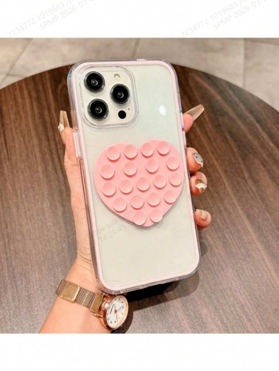 New Fashionable 2-In-1 Pink Shell With Heart-Shaped Suction Cup Phone Case, Suitable For IPhone 11/12/13/14/15/16/17 Pro/Pro Max, Creative And Protective - Multicolor - View 1