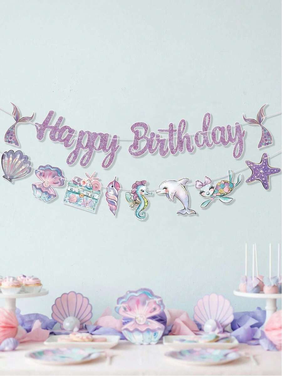 美人鱼主题生日派对装饰套装,闪亮紫色生日快乐纸质横幅,配有贝壳、海马、尾巴装饰,海洋主题派对用品,适合女孩房间装饰、拍照背景、婴儿派对 - 美人魚主題 - 查看 1