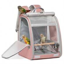 Mochila transportadora de pájaros jaula portátil de viaje con percha 2 comederos soporte de malla metálica y bandeja extraíble. Ligera con ventana de malla transpirable para loros fácil d - Rosado - Ver 8
