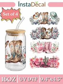 Set de 4 piezas Envolturas de pegatinas de transferencia UV DTF de 16 onzas (9.4x4.3 pulgadas) sin necesidad de calor, envolturas con estilo bohemio, botas vaqueras, sombrero vaquero y flores, decoración de corazón de cactus rosa western para tumblers Libbey, regalo DIY - Vaquera del Oeste 04 - Ver 9