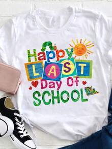 The Last Day Of Happyofschool Text Printing Women's Tshirt Casual Round Neck Shirt Short Sleeve, Women's Short Sleeve TShirt Crew Neck Casual Tee For Daily Wear And Travel - 白色 - 查看 1