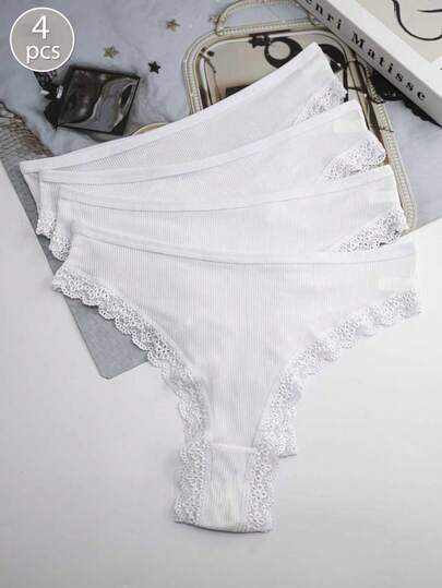 4条装女士白色蕾丝边罗纹舒适简约纯色丁字裤