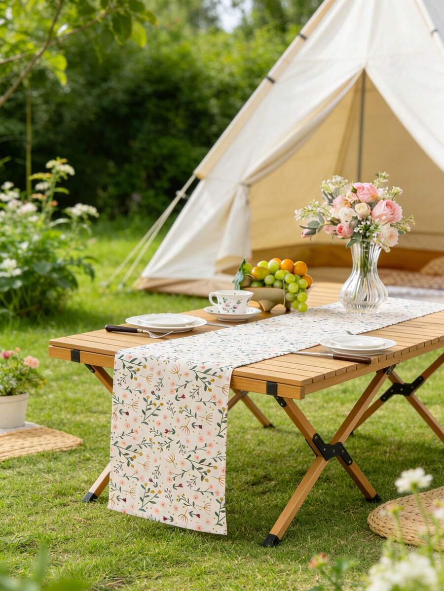 1pc Ditsy Floral Outdoor Table Runner, Rustic Style Rectangular Table Runner, Foldable Camping Table Decor Cloth, Washable, Suitable For Coffee Table, Sideboard, Cabinet, Tabletop Decor, Daily Home Decoration, Applicable For Country House Dinner, Picnic, Party, Camping Decoration, All Seasons, Spring/Summer - Green Rose - View 1