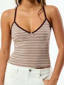 LUNA Camiseta de tirantes a rayas para mujer, chaleco deportivo, chaleco de punto elástico, capa base con escote en V profundo y tirantes finos - Marrón - Ver 2
