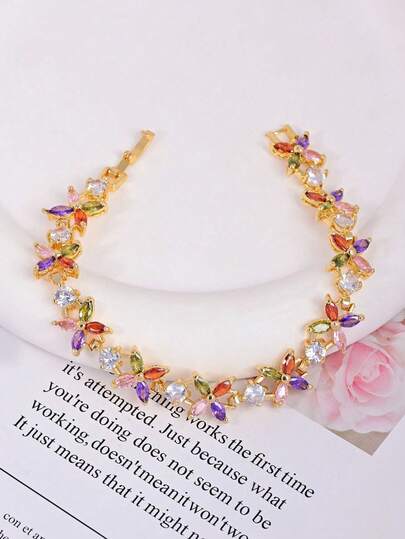 1pc Elegant 18K Golden Plated Lucky Flower Design Multicolor Synthetic Zirconia Bracelet For Women, Perfect Gift For Mothers, Friends, Lovers - Summer Beach Vacation, Banquet & Daily Wear, Vacation Accessory, Charming Accessory, Synthetic Zirconia Embellishments. Exquisite Flower Link Chain, Vintage Rhinestone Accents, Ideal For Wedding, Engagement, Party, And Holiday Gift For Women.