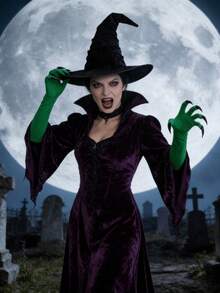 3件套成人巫师服装配饰，万圣节派对角色扮演套装，包括巫师帽和绿色爪手套 - 彩色 - 查看 2