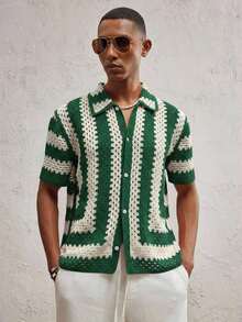 AKNOTIC Party Men's Fitted Turndown Collar Short Sleeve Casual Knit Cardigan, Suitable For Daily Wear - Olive Green - View 1