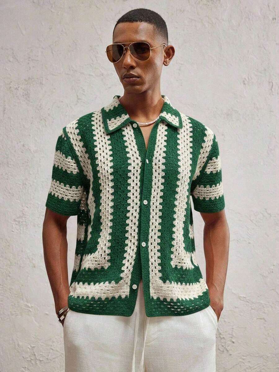 AKNOTIC Party Men's Fitted Turndown Collar Short Sleeve Casual Knit Cardigan, Suitable For Daily Wear - Olive Green - View 1