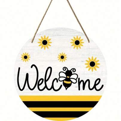 Welcome Bee And Sunflower Wreath Sign - Rustic Round Wood Wall Art With Jute Rope Hanger, Vintage Home Decor For Room Or Entryway, Handcrafted Wooden Plaque With Honeycomb Design, Hanging Decoration| Whimsical Design| Handmade Sign