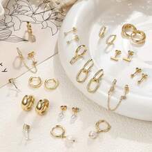 BESTEEL 13 Pairs Small Stud Hoop Earrings Set Women Gold Plated Huggie Hoops Pearl Dainty Lightweight Earrings - 14K Gold Plated - View 7