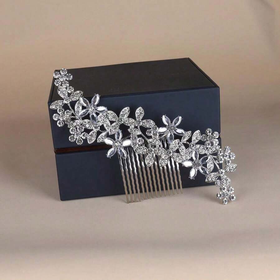 1pc Women's High-Grade Heavy-Duty Hair Comb With Rhinestones Elegant Boho Tiaras,Wedding Hair Accessories - Silver - View 1