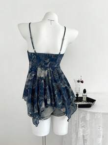 Solstice Apparel 復古碎花印花蕾絲飾邊吊帶上衣，V領不對稱下擺高腰雪紡襯衫，適合春夏季 - 藍色 - 查看 7