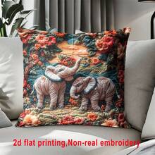 1件复古丛林大象刺绣图案抱枕套，2D印花农舍风格客厅靠垫套，短绒单面印花装饰枕，适用于沙发、客厅、卧室、学校床上用品，18x18英寸，可机洗，拉链封口，不含枕芯 - 彩色 - 查看 8