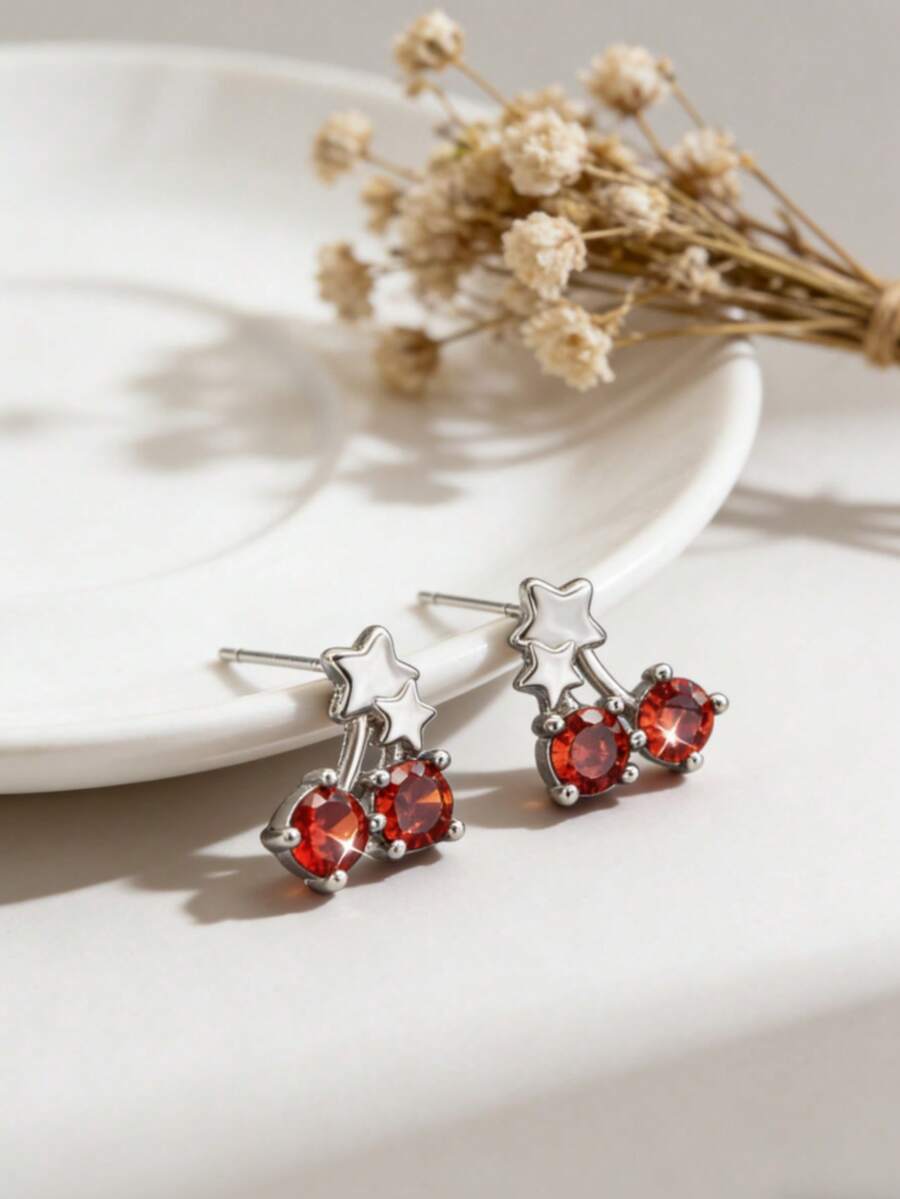 1对S925纯银樱桃水果耳环，小众甜美奢华氛围耳环，女士款 - 櫻桃 - 查看 1