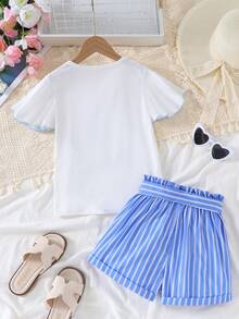 女童夏季香蕉水果图案字母印花圆领T恤和条纹短裤套装，含腰带 - 淺藍色 - 查看 3
