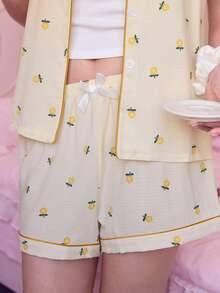 Bonmuse 2件組女款黃色碎花夏季睡衣套裝，短袖鈕扣襯衫與短褲，休閒居家服，夏季兩件套 - 杏色 - 查看 6