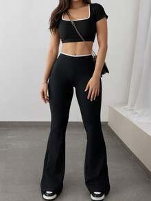 Spring & Summer Casual Women's Black Cropped Round Neck Top And Flare Pants Set, 2-Piece Outfit With Contrast Trim, Suitable For Going Out - 綠色 - 查看 11