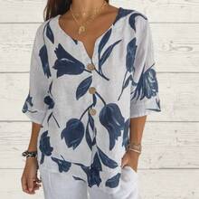 2026 New Printed Cotton-Linen V-Neck Short-Sleeve Pullover Shirt, Summer Outfits For Women - 黃色 - 查看 2
