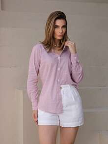 Women's Striped Cotton Linen Dress Shirt, Long Sleeve, Casual, Chic, Elegant, For Work, Travel, Office, Sophisticated - 玫瑰 - 查看 1