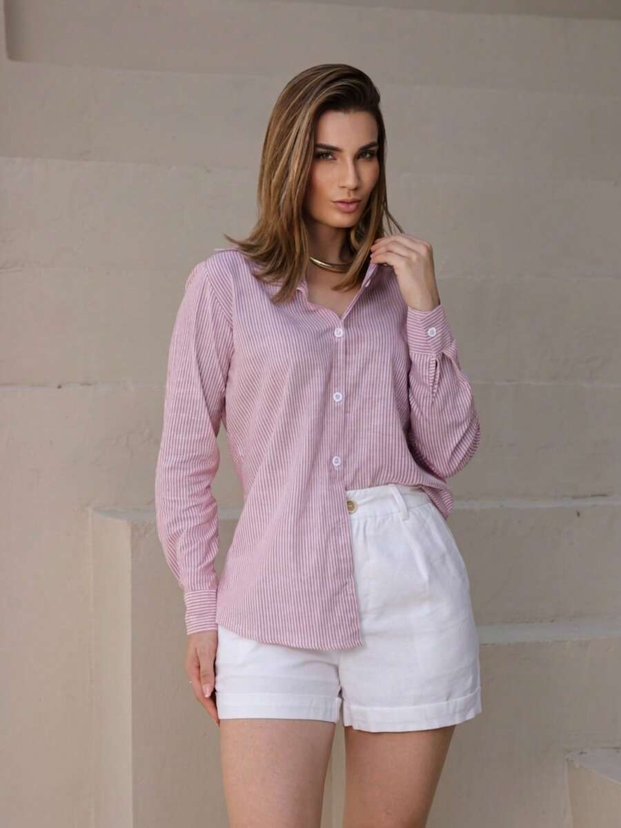 Women's Striped Cotton Linen Dress Shirt, Long Sleeve, Casual, Chic, Elegant, For Work, Travel, Office, Sophisticated - 玫瑰 - 查看 1