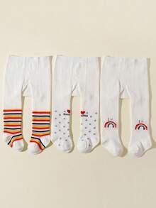 3条装女婴甜美可爱纯棉连裤袜，彩虹条纹打底裤，适合婴儿日常穿着，春、秋、四季皆宜 - 彩色 - 查看 7