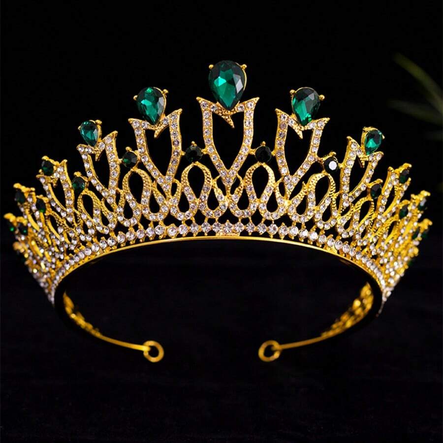 Bohemian European Palace Style Alloy Rhinestone Multi-Layer Hollow Scroll Pattern Solemn Romantic Glossy Hair Accessory Crown, Elegant High-End Retro Versatile,Summer,Holiday,Travel, Bride Accessories, Coronas, Tiara, Headpiece - Green - View 1