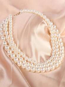 1PC 3-Layer Pearl Necklace, Fashionable Elegant Faux Pearl Beaded 3-Layer Stacked Collarbone Chain, Minimalist Pearl Necklace, Niche High-End Jewelry, Suitable For Girls And Women, Grey Cloth Bag (Random Number Of Pearls) - Gold - View 3